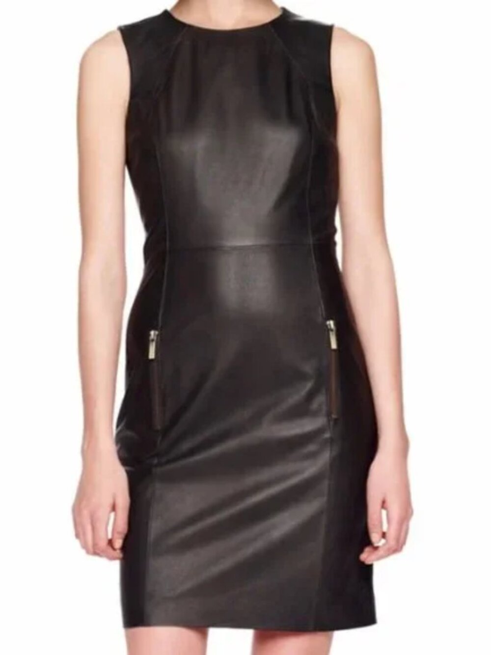 Michael Kors Black Real Leather Sleeveless Bodycon Midi Shift Dress